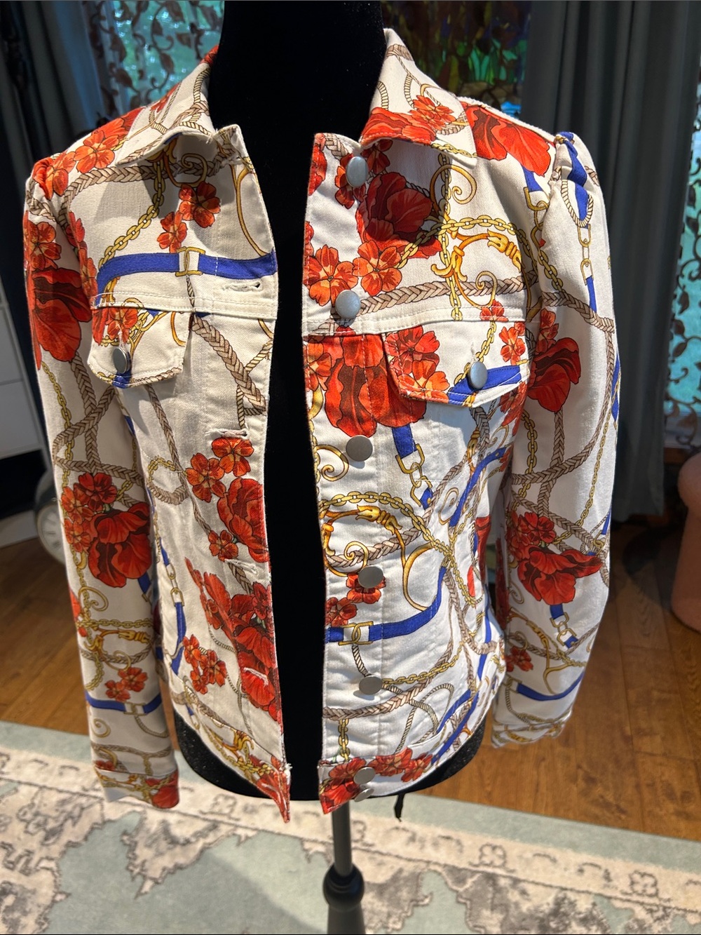 Boston Proper Cream Jacket with Red Floral & Blue Chain Print